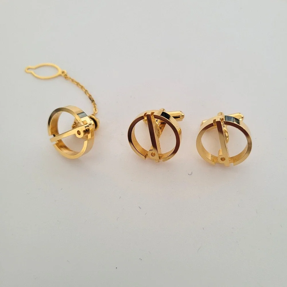 Dunhill Gold Tone Cufflinks and Tie Tack Set Vintage Circular Geometric Design